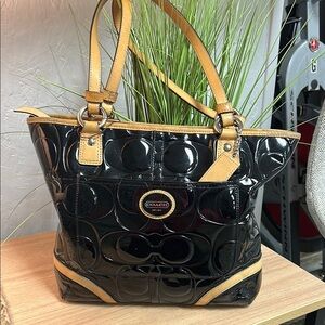 Coach Black and Tan Tote with Signature Monogram